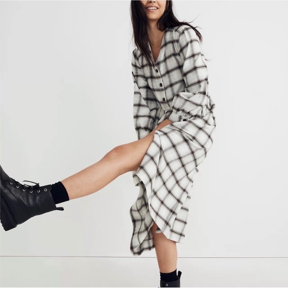 Madewell Flannel Button Front Midi Dress Long Sleeve V Neck Womens Oversized 90s - Picture 2 of 10
